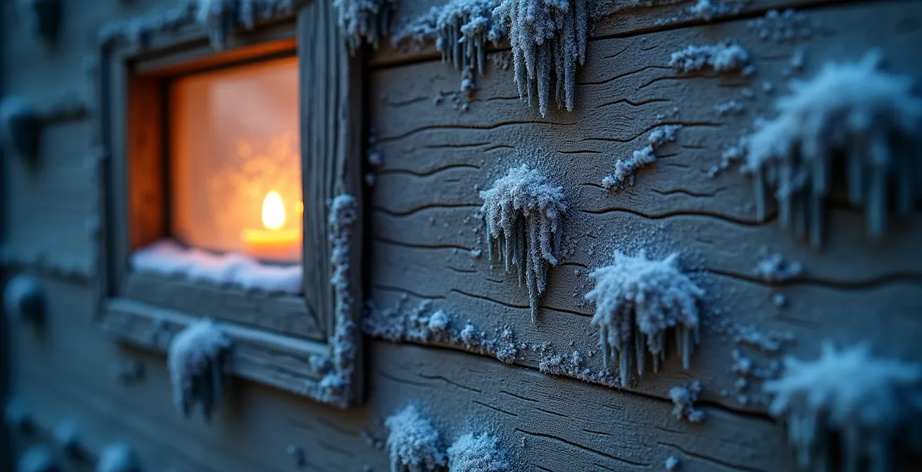 Refuge de montagne isolé en hiver avec fumée de cheminée et paysage enneigé