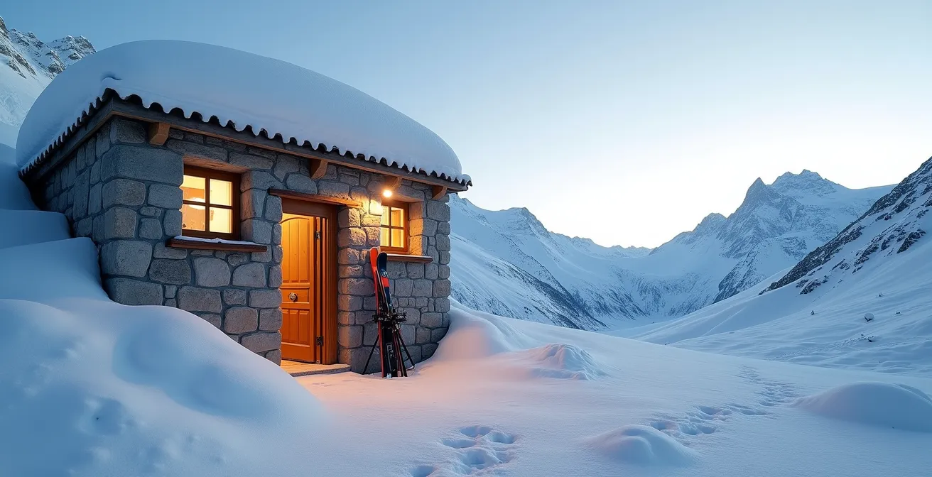 Refuge de montagne isolé dans la neige avec porte entrouverte montrant l'intérieur chaleureux, skis plantés devant