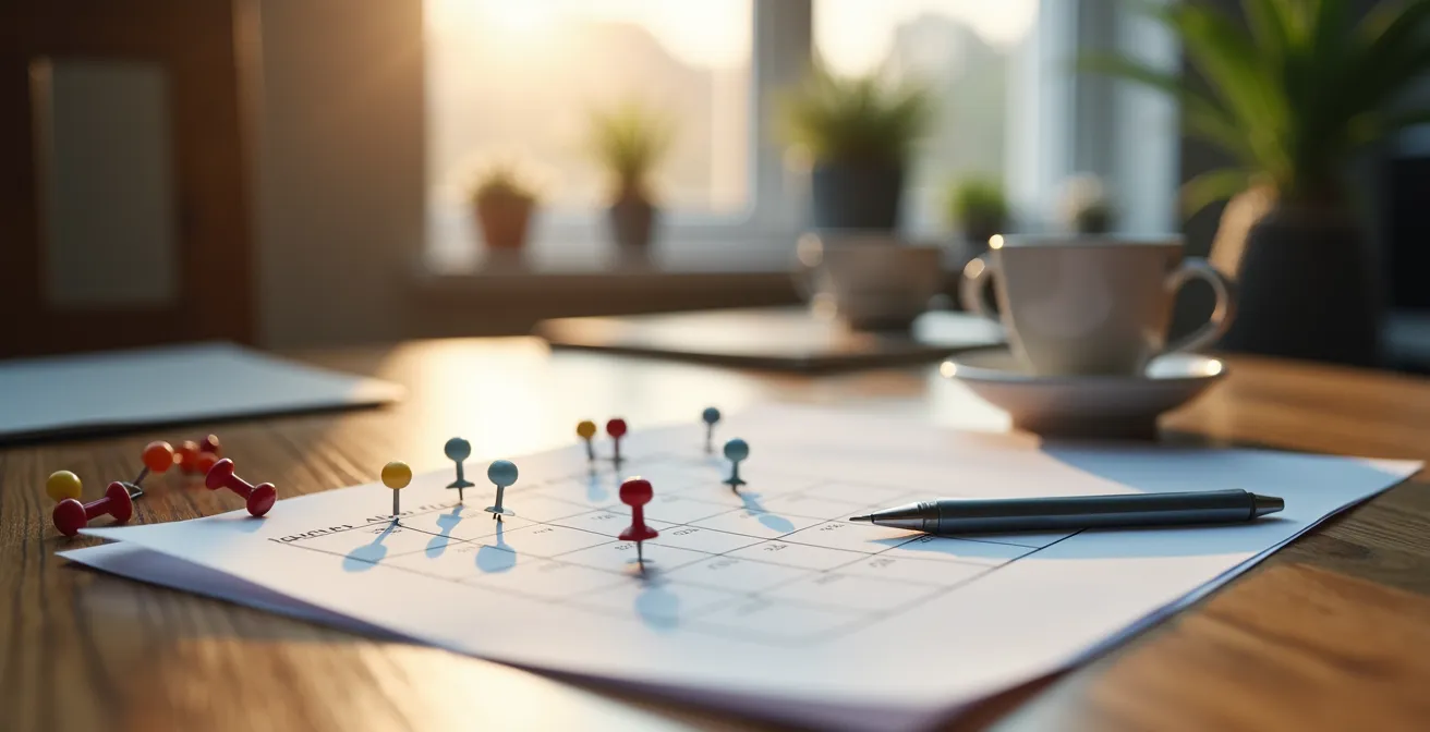 Calendrier de planification avec marqueurs colorés et carte de Norvège floue en arrière-plan