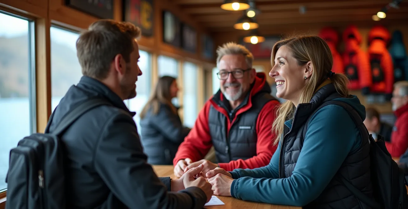 Bureau d'accueil d'opérateur de safari RIB avec touristes en attente