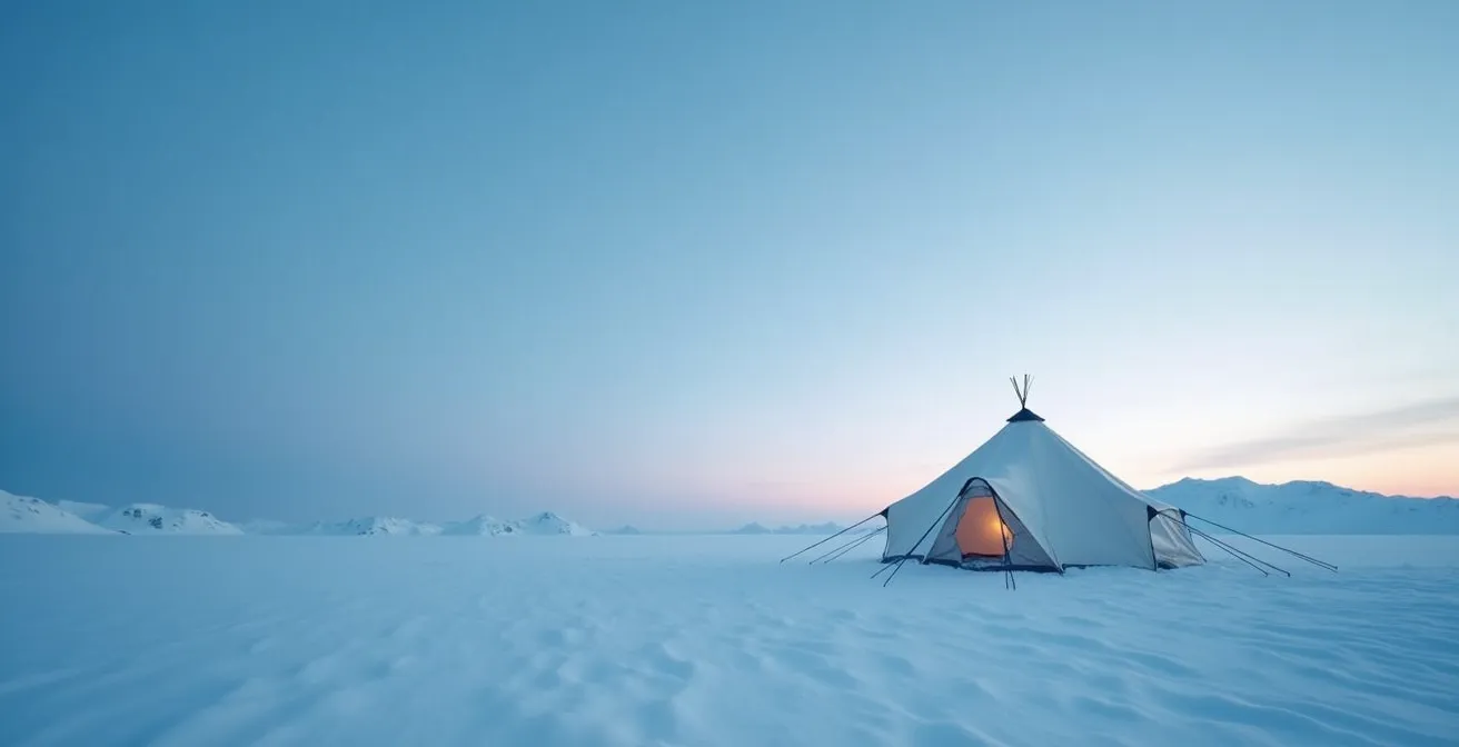 Vue grand angle d'un paysage arctique avec une tente traditionnelle lavvu au loin dans un environnement naturel préservé