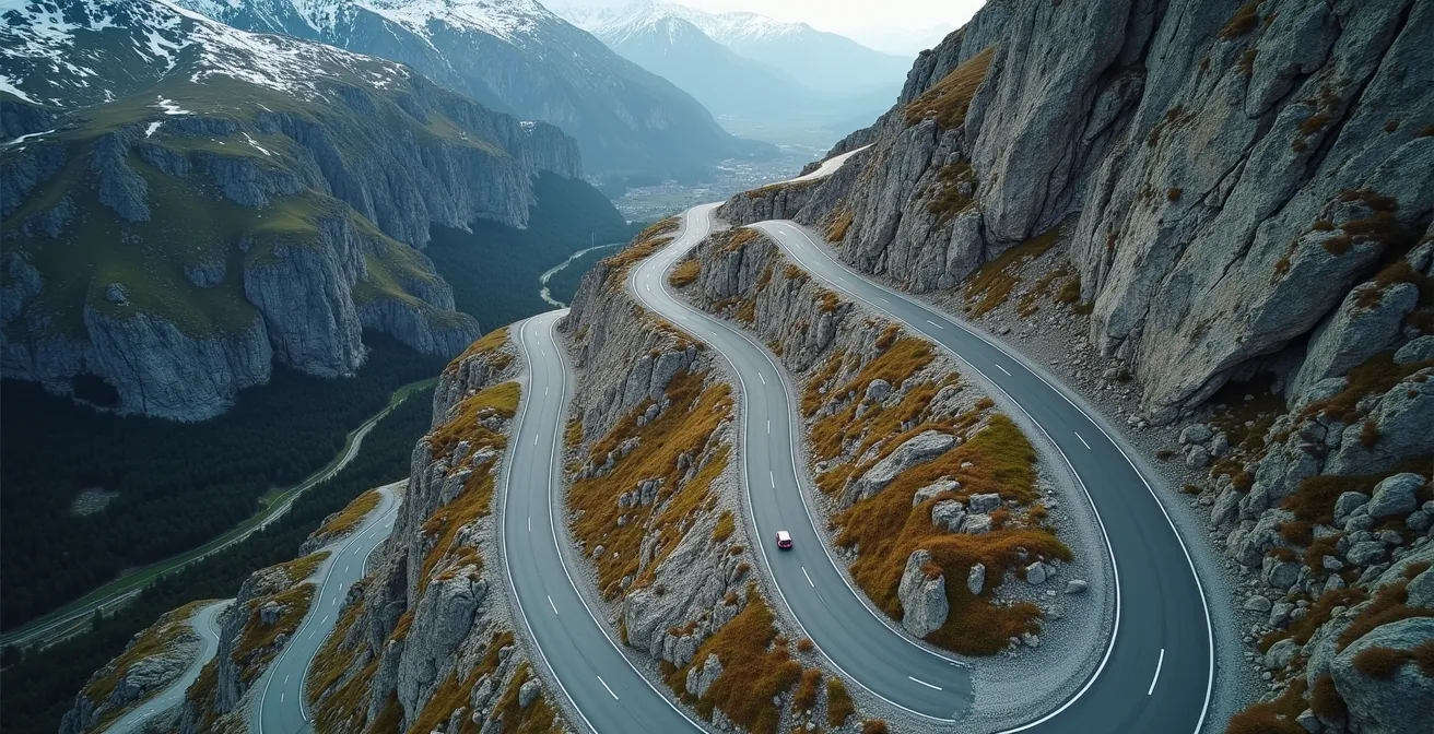 Route de montagne sinueuse en Norvège vue d'en haut