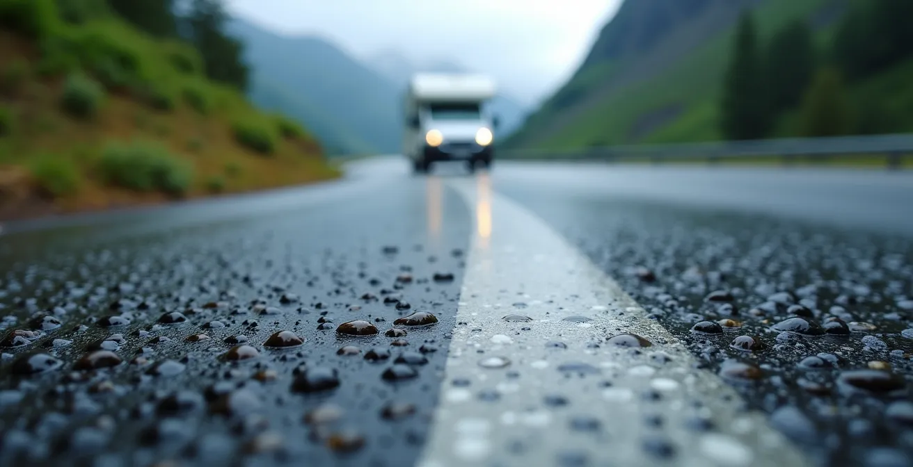 Route étroite longeant un fjord norvégien avec camping-car dans un virage
