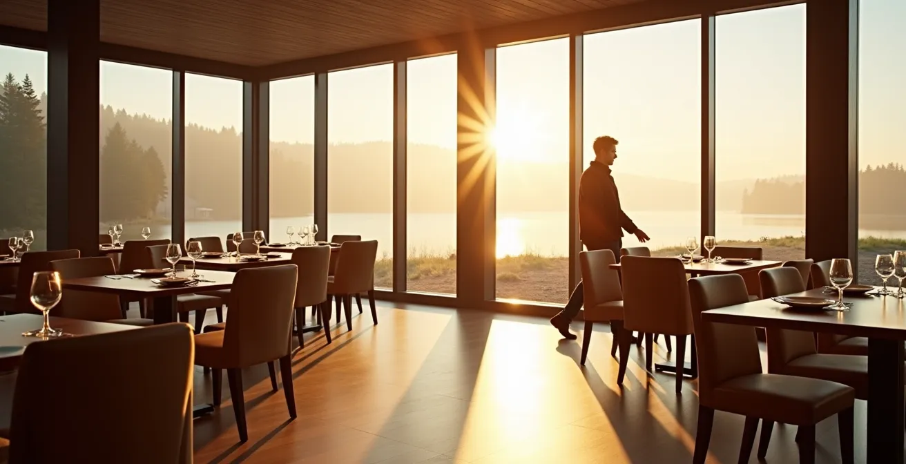 Salle de petit-déjeuner d'hôtel norvégien baignée de lumière matinale