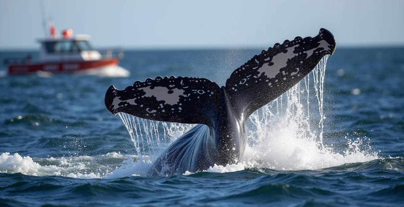 Baleine montrant des signes de stress avec sa queue hors de l'eau face à des bateaux trop proches