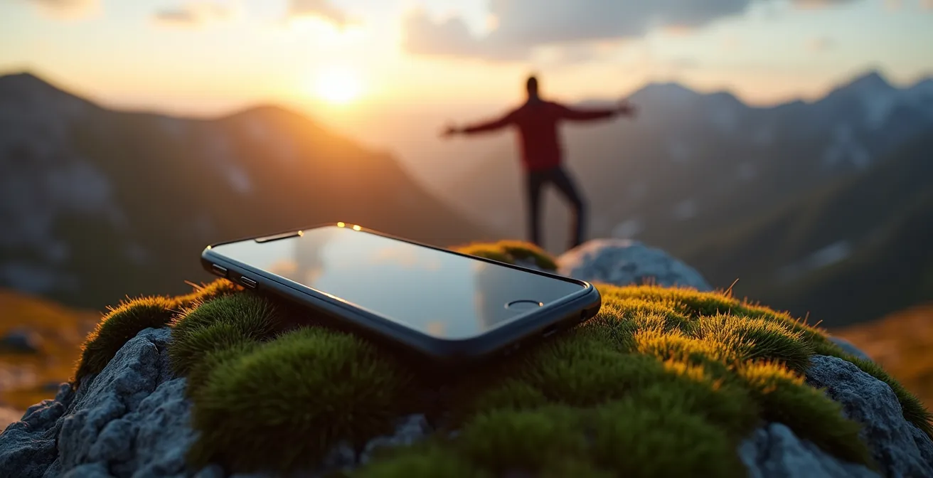 Téléphone posé sur un rocher au sommet d'une montagne norvégienne, propriétaire contemplant le panorama