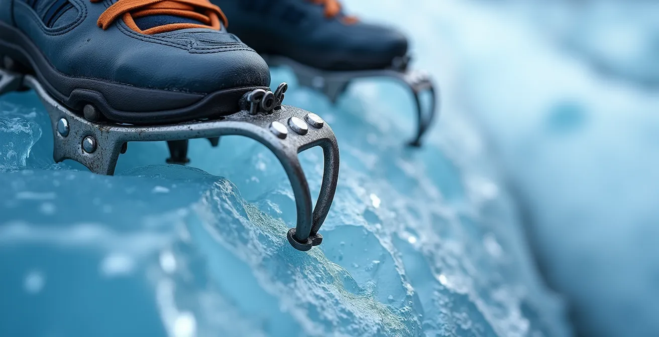 Gros plan sur des crampons mordant dans une glace bleutée avec texture cristalline