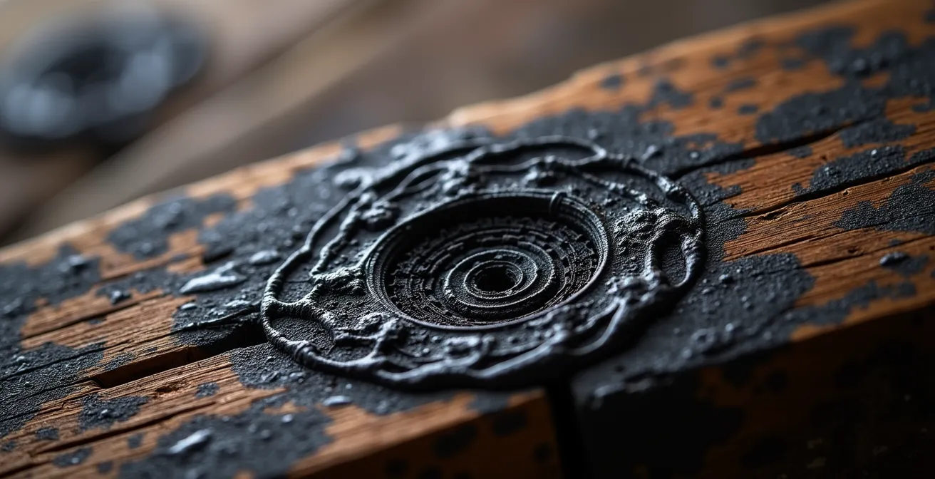 Gros plan macro sur la texture du bois traité au goudron de pin montrant la patine protectrice noire