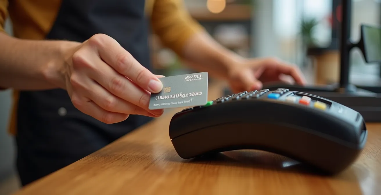 Main tenant une carte bancaire devant un terminal de paiement dans un commerce norvégien