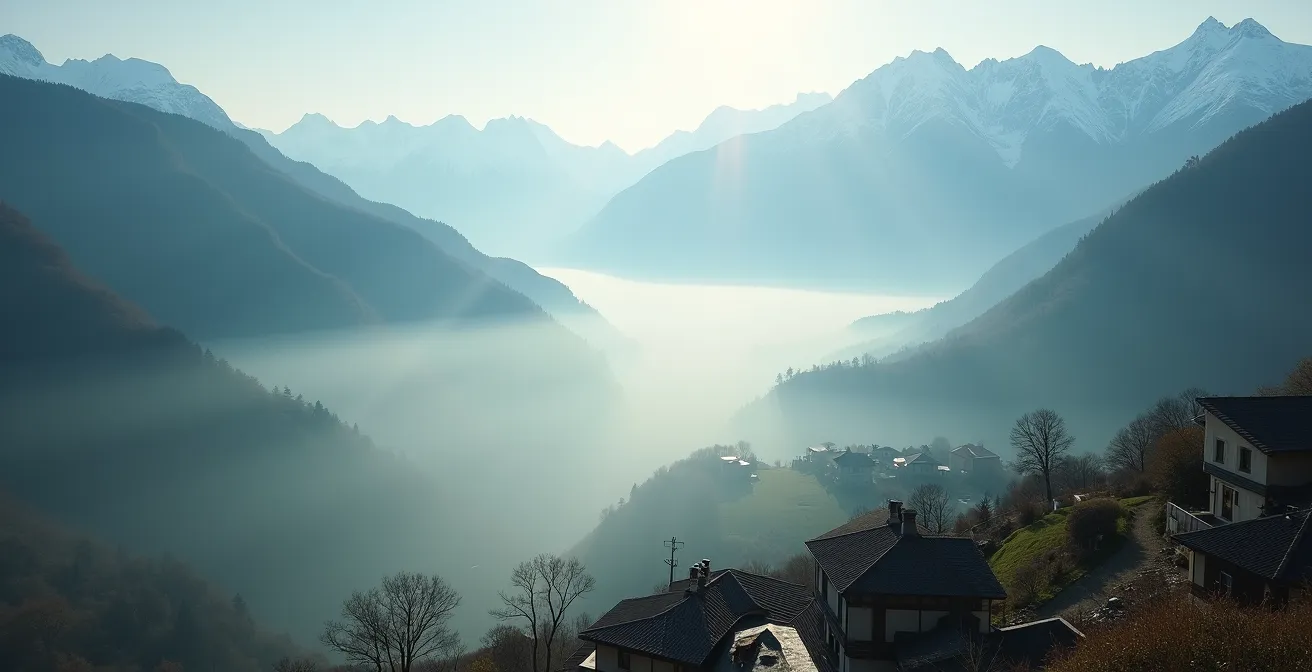Vue aérienne d'une vallée alpine brumeuse avec montagnes enneigées en arrière-plan