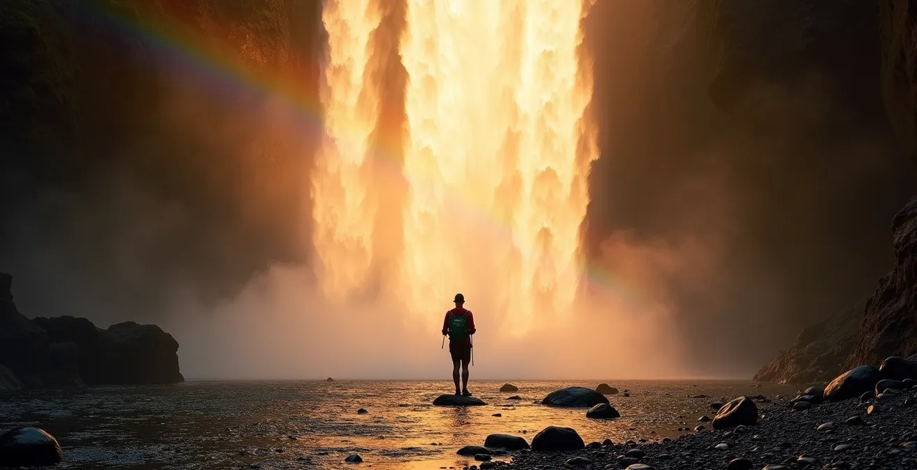 Vue latérale d'une cascade française montrant la zone d'embruns et d'aérosols pour illustrer la distance de sécurité
